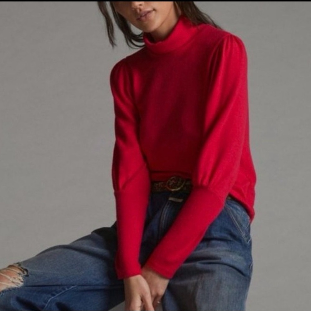 Anthropologie Puff-Sleeved Turtleneck Top Fuchsia Pink NWT